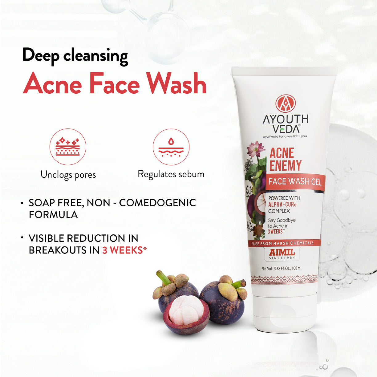 Ayouthveda Acne Enemy Face Wash Gel for Acne & Pimples | Fights Acne-Causing Bacteria & Excess Oil | With Alpha-CURe Complex, Garcinia & Manjistha | Sulfate-Free Gel Cleanser | For Acne-Prone Skin | Net Qty- 100 ml
