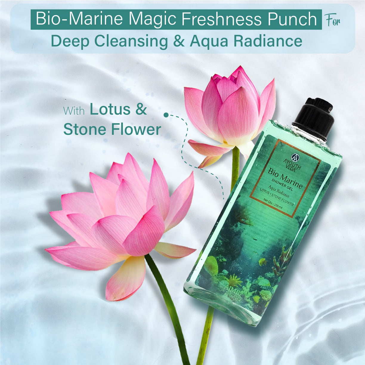 Ayouthveda Bio Marine Shower Gel for Men & Women | Enriched with Lotus, Stone Flower & Water Chestnut | Detoxifies, Moisturizes & Rejuvenates | (250 ml)