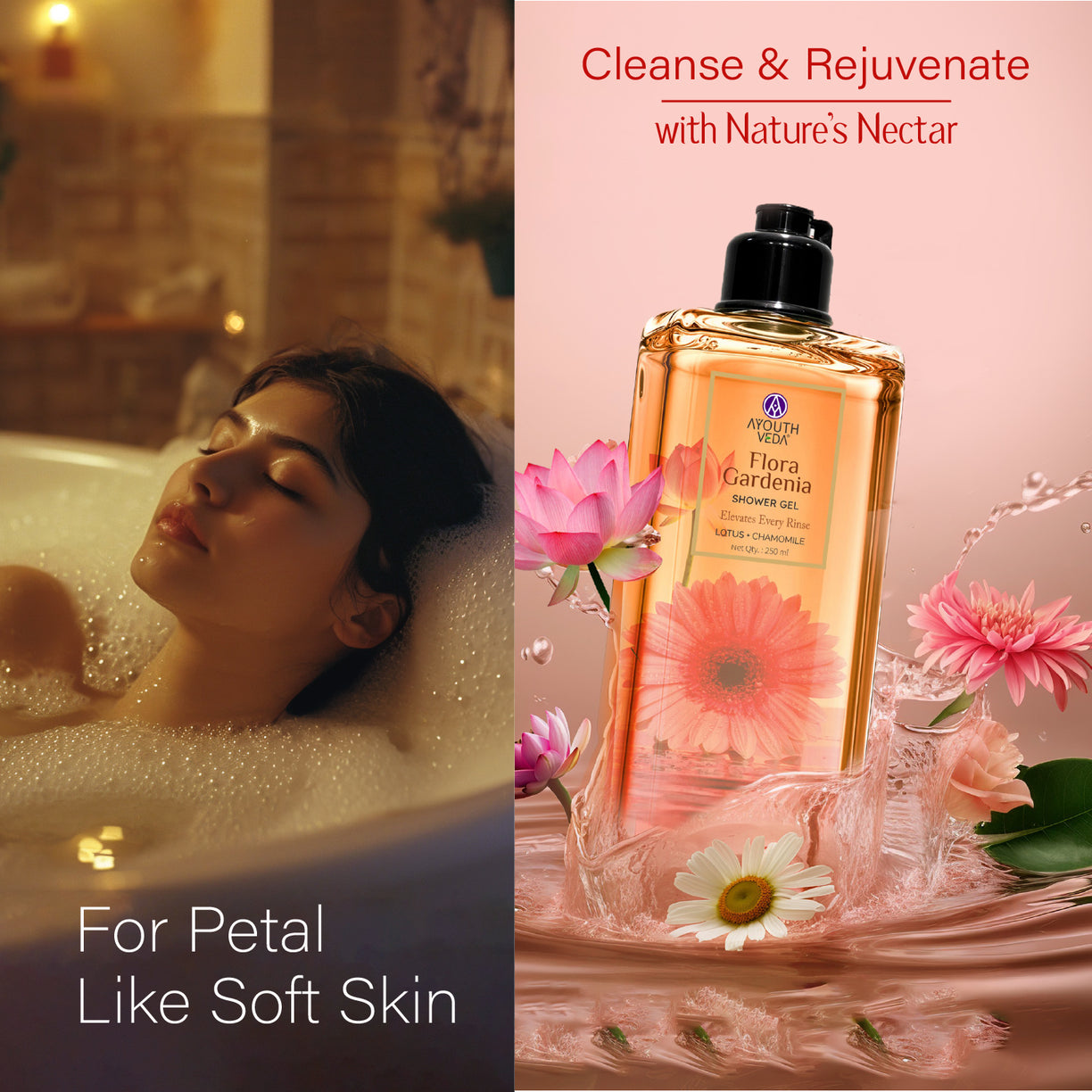 Ayouthveda Flora Gardenia Shower Gel for Women & Men | With Chamomile, Lotus & Butea for Skin Rejuvenation & Relaxation | For All Skin Types | (250 ml)