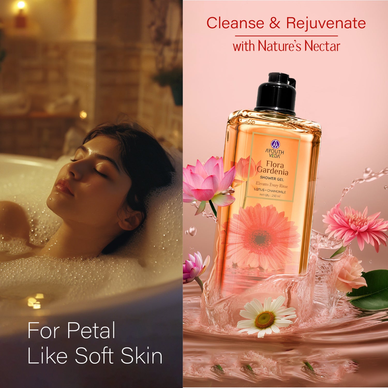 Ayouthveda Flora Gardenia Shower Gel for Women & Men | With Chamomile, Lotus & Butea for Skin Rejuvenation & Relaxation | For All Skin Types | (250 ml)