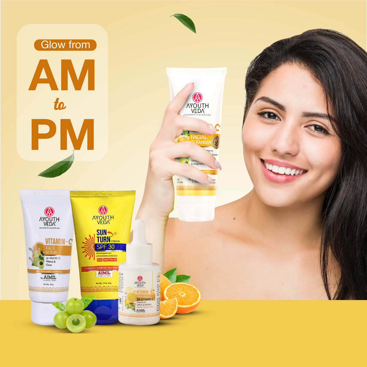 Vitamin C Glow Combo: Vitamin C Facial Cleanser (100 ml) | Vitamin C Face Serum (30 ml) | Sun Turn Cream SPF 30 (60 g) | Vitamin C Face Scrub (50 ml)