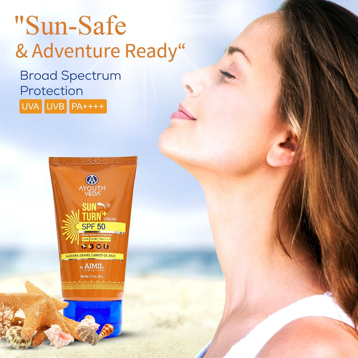 Ayouthveda Sun Turn+ Cream SPF 50 with Hyaluronic Acid for Broad Spectrum UV Protection Net qty.- 60 g