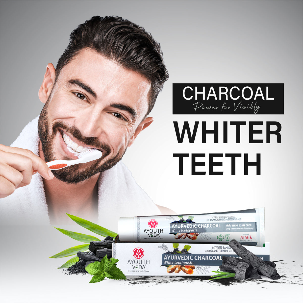 Ayurvedic Charcoal White Toothpaste with Activated Bamboo Charcoal & Turmeric for Deep Cleaning & Whitening  - 100g each Set of 2