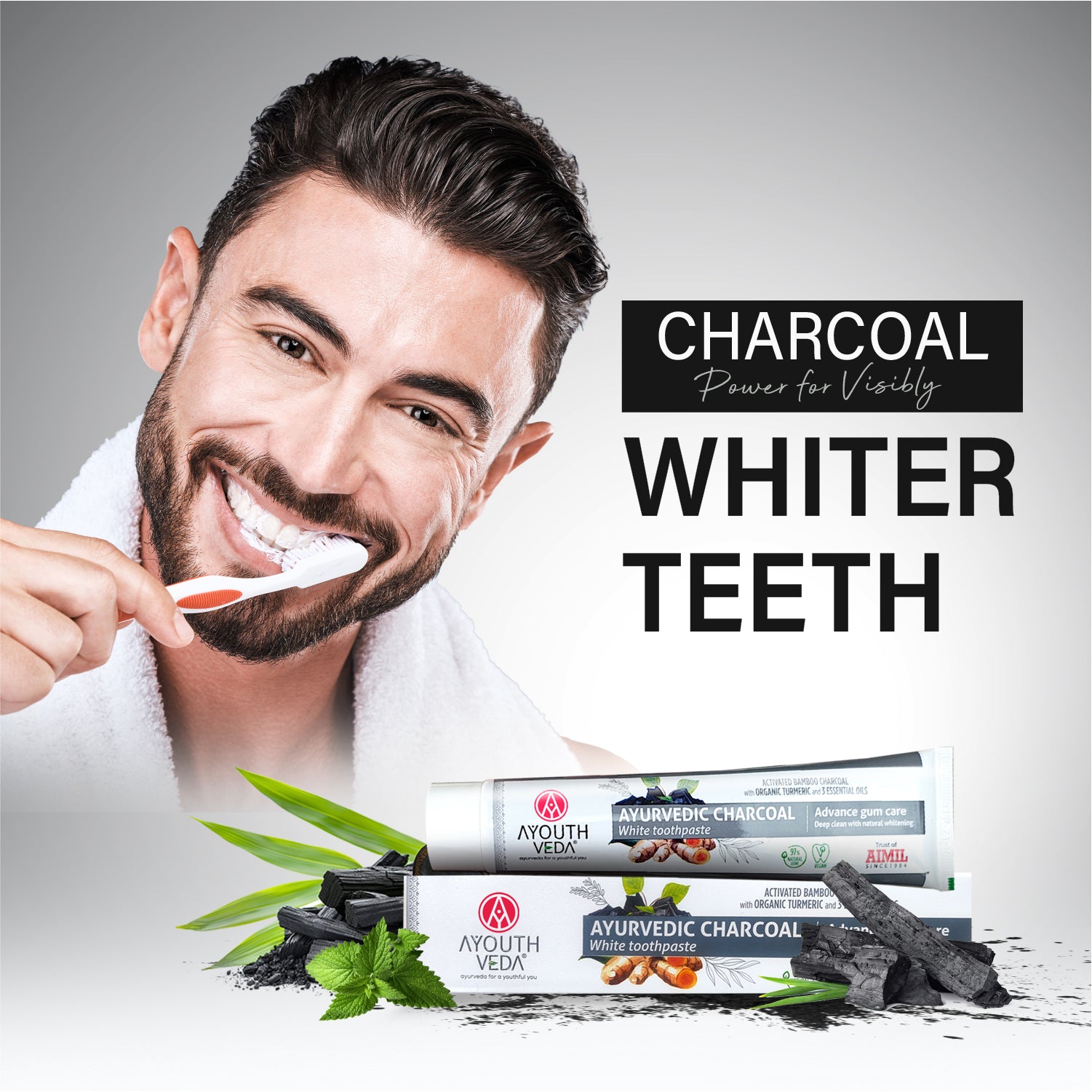 Ayurvedic Charcoal White Toothpaste with Activated Bamboo Charcoal & Turmeric for Deep Cleaning & Whitening  - 100g each Set of 2