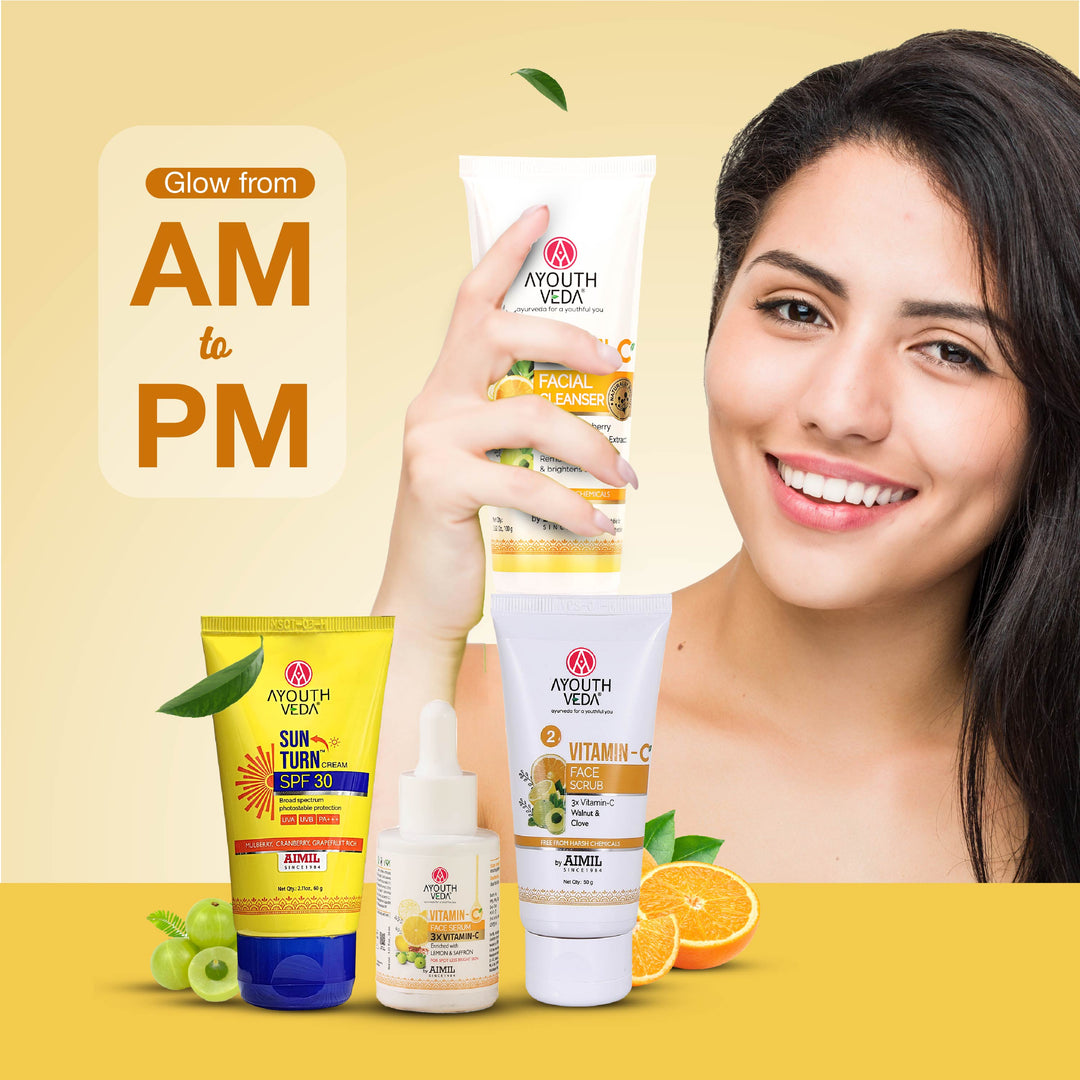 Vitamin C Glow Combo: Vitamin C Facial Cleanser (100 ml) | Vitamin C Face Serum (30 ml) | Sun Turn Cream SPF 30 (60 g) | Vitamin C Face Scrub (50 ml)
