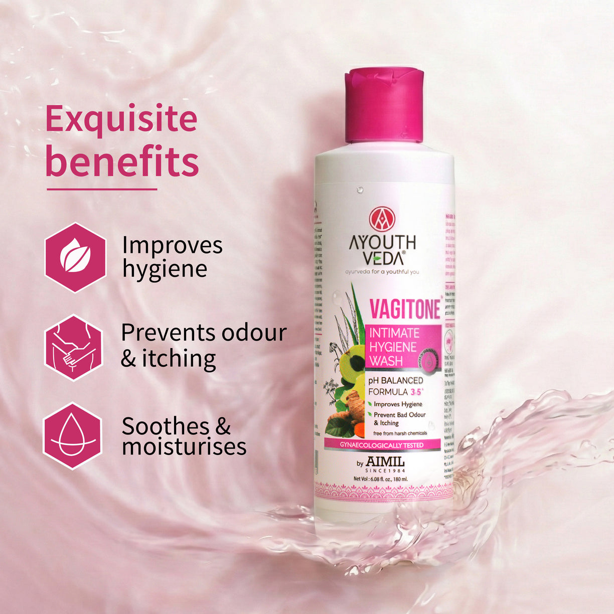 Ayouthveda Vagitone Intimate Hygiene Wash For Women | pH Balancing Formula | Prevents Dryness, Itchiness & Bad Odor | With Sphatica, Green Tea & Aloe Vera - 180 ml