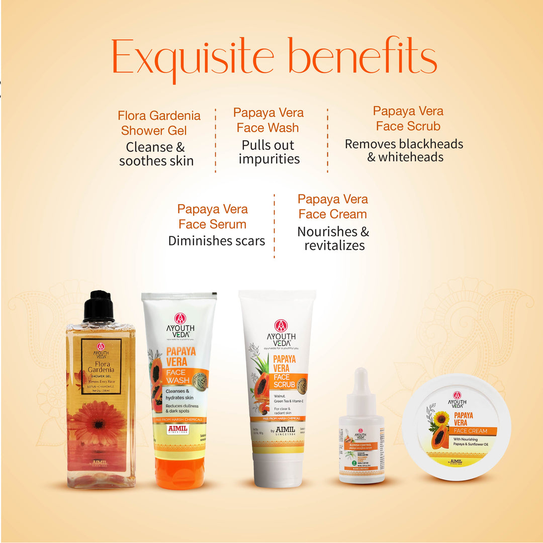 Glow & Care Gift Set: Flora Gardenia Shower Gel (250 ml), Papaya Vera Face Wash (100 g), Papaya Vera Face Scrub (100 g), Papaya Vera Face Serum (30 ml), Papaya Vera Face Cream (50 g)