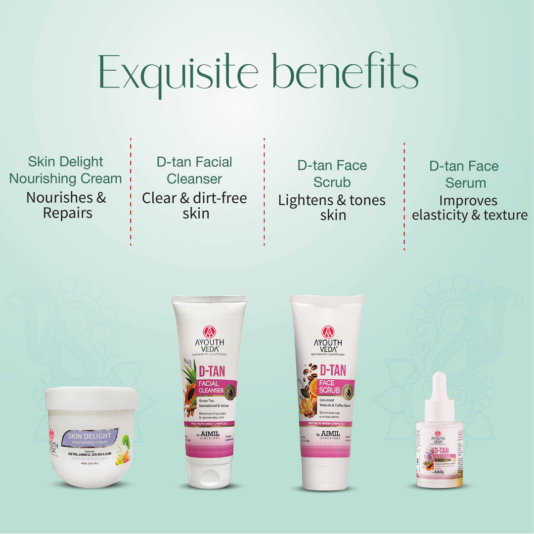 Festive Skin Brightening Hamper: Skin Delight Nourishing Cream (150 g), D-Tan Facial Cleanser (100 g), D-Tan Face Scrub (100 g), D-Tan Face Serum (30 ml)