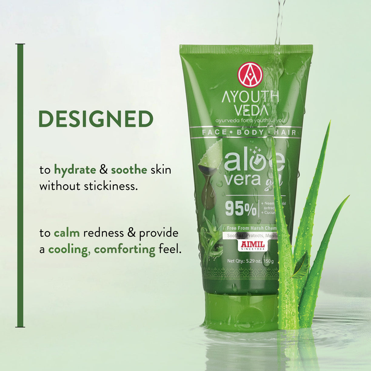 Ayouthveda Aloe Vera Gel | Multi-Purpose Gel For Face, Body & Hair | Calms Sunburn & Promotes Even Skin Tone | Non-Greasy Hydrating formula With Neem, Tulsi & Cucumber Extracts | Net. qty - 150g