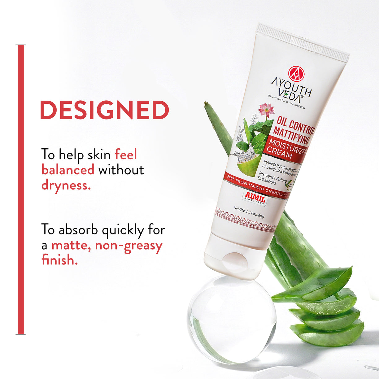 Ayouthveda Oil Control Mattifying Moisturizer Cream | Lightweight Non-Greasy Moisturizer with Green Tea, Aloe Vera & Coconut Water | Controls Excess Oil, Helps Prevent Acne & Gives Long-Lasting Matte Finish | Net Qty - 60g