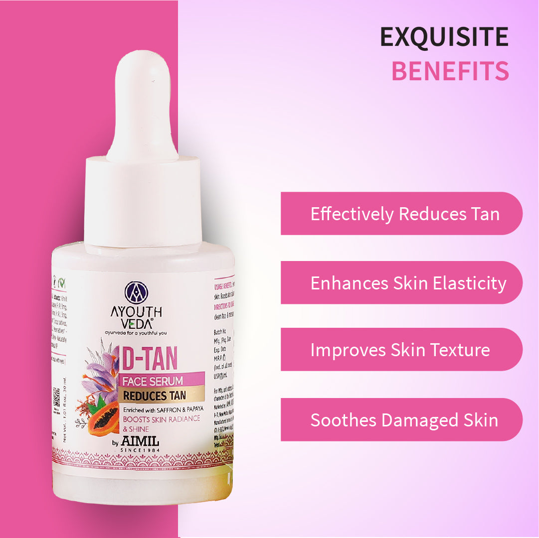 Ayouthveda D-Tan Face Serum | Enriched With Saffron & Papaya | Natural De-Tanning & Skin Radiance Formula | Boost Skin Radiance & Shine - 30 ml