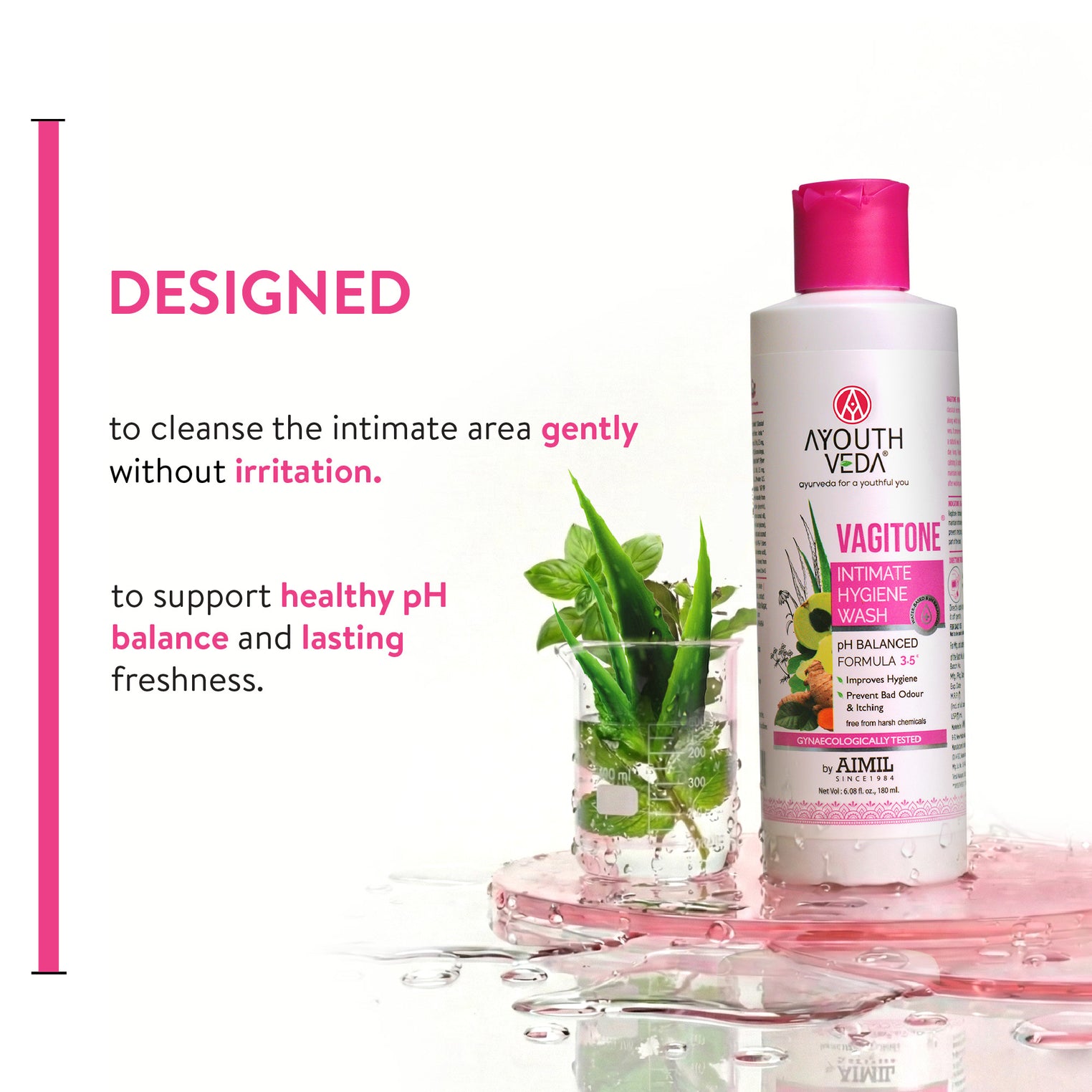 Ayouthveda Vagitone Intimate Hygiene Wash For Women | pH Balanced Daily Intimate Cleanser | Controls Odor, Itching & Dryness | Sulfate-Free, Gynaecologically Tested | With Sphatika, Green Tea & Aloe Vera | Net Qty - 180 ml