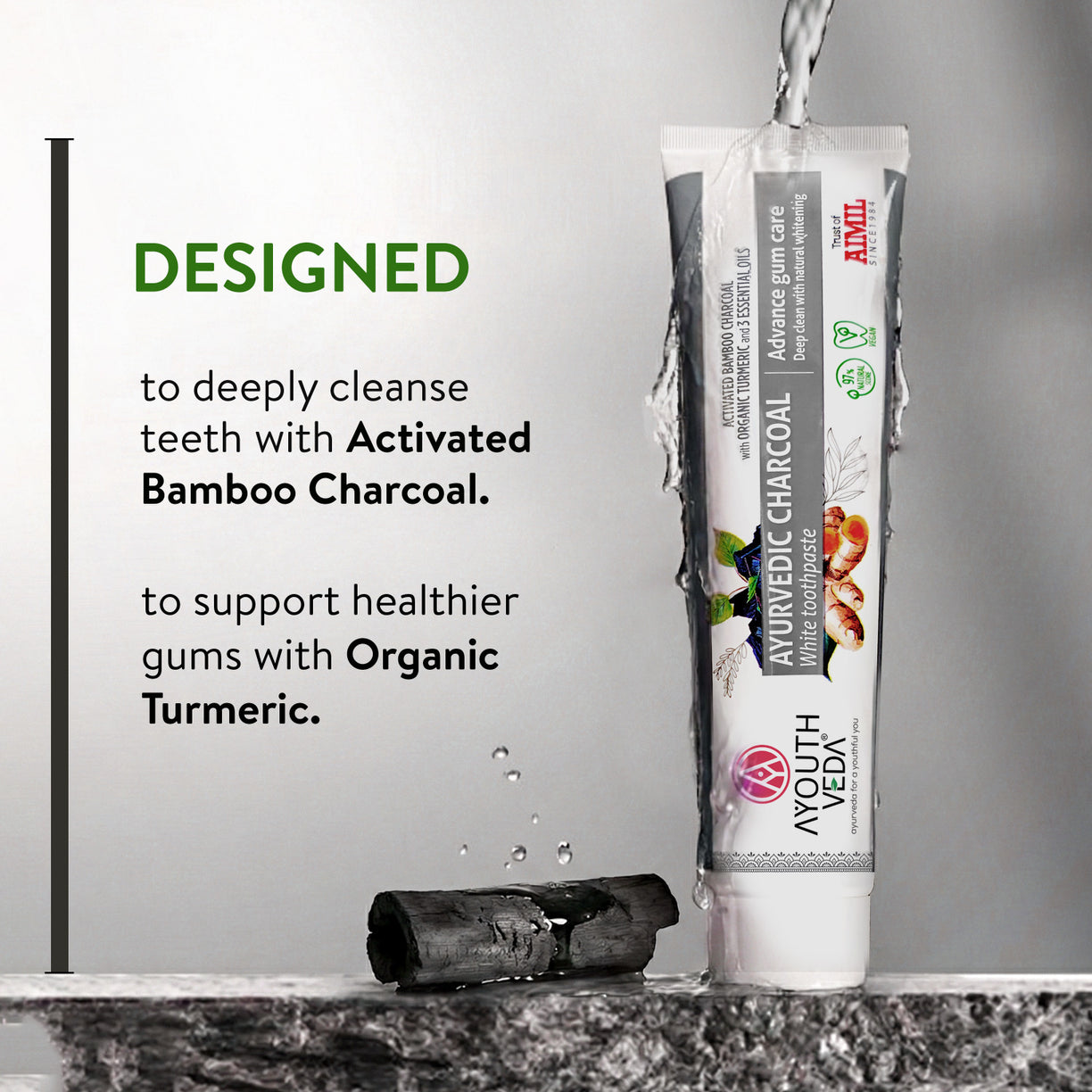 Ayurvedic Charcoal White Toothpaste with Activated Bamboo Charcoal & Turmeric for Deep Cleaning & Whitening  - 100g each (Set of 2)