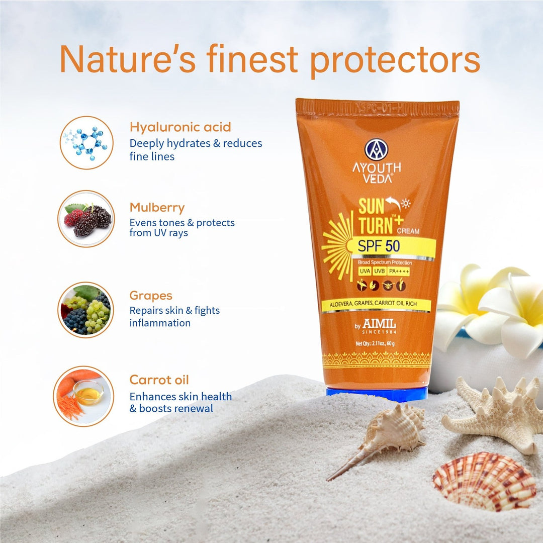 Ayouthveda Sun Turn+ Cream SPF 50 with Hyaluronic Acid for Broad Spectrum UV Protection Net qty.- 60 g