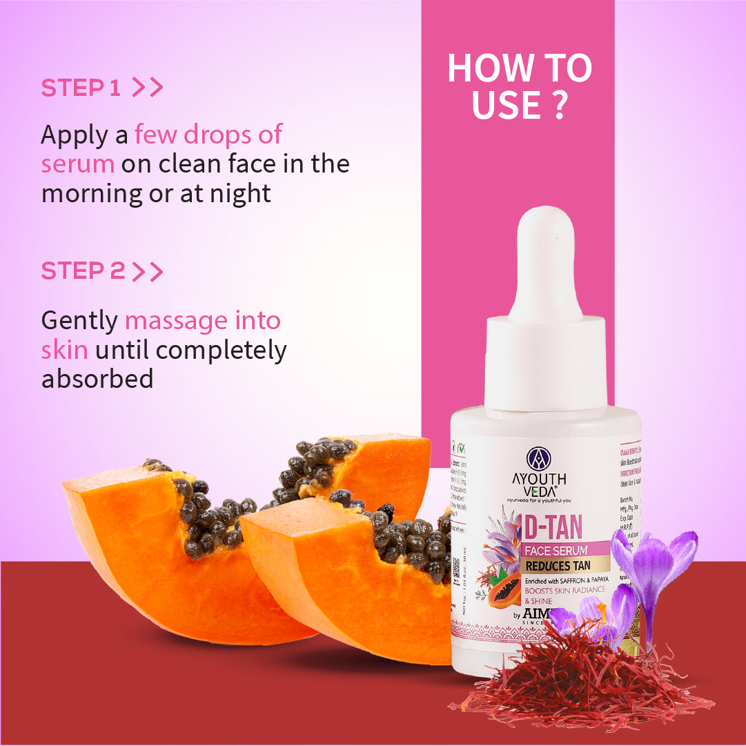Ayouthveda D-Tan Face Serum | Enriched With Saffron & Papaya | Natural De-Tanning & Skin Radiance Formula | Boost Skin Radiance & Shine - 30 ml