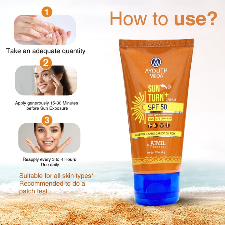 Ayouthveda Sun Turn+ Cream SPF 50 with Hyaluronic Acid for Broad Spectrum UV Protection Net qty.- 60 g