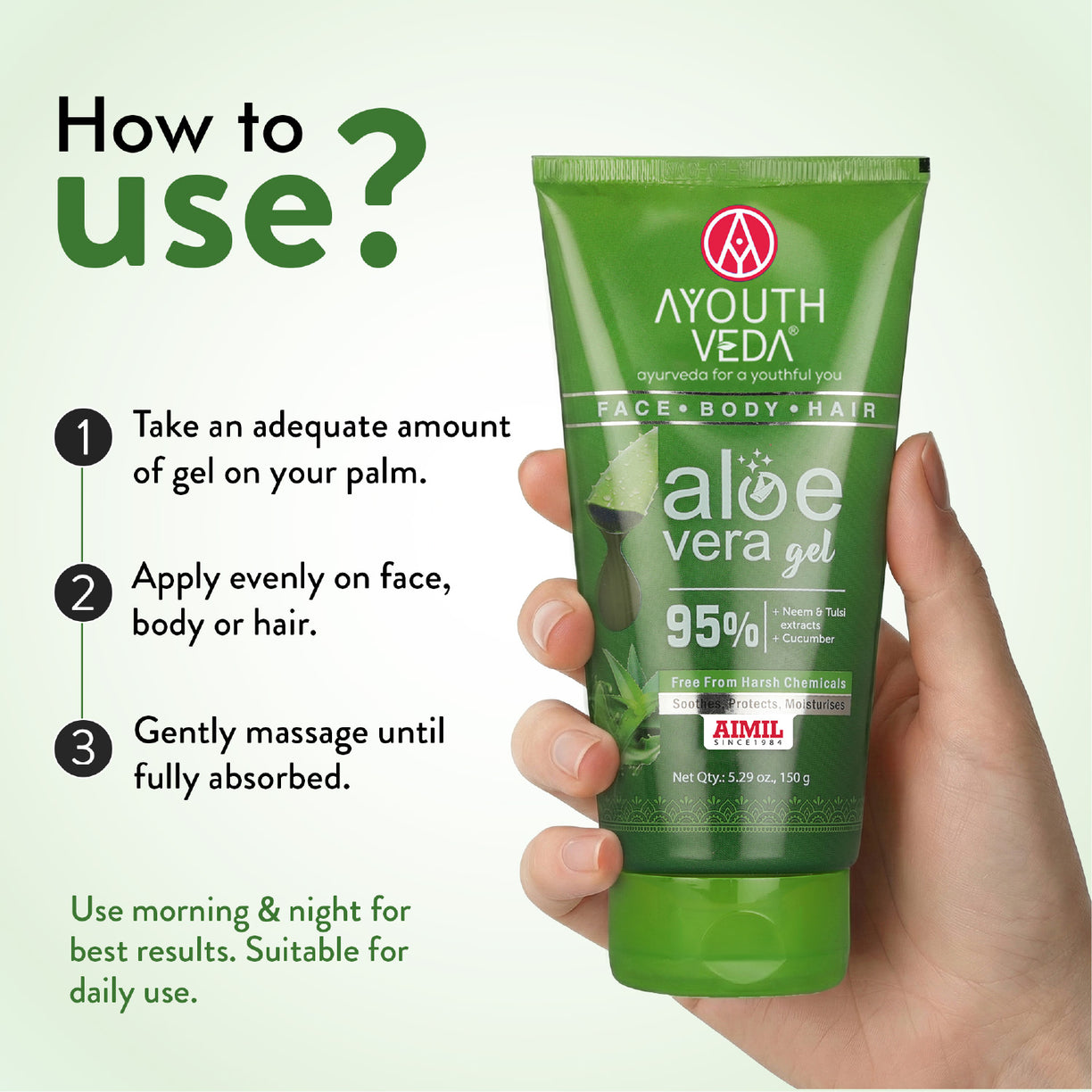 Ayouthveda Aloe Vera Gel | Multi-Purpose Gel For Face, Body & Hair | Calms Sunburn & Promotes Even Skin Tone | Non-Greasy Hydrating formula With Neem, Tulsi & Cucumber Extracts | Net. qty - 150g