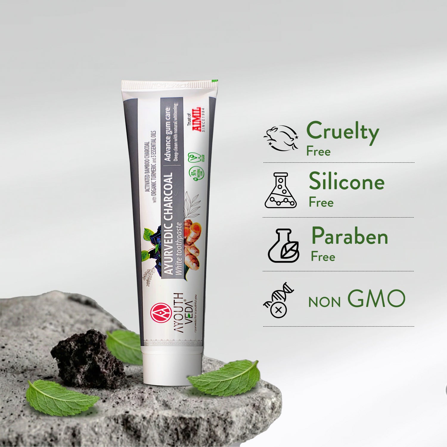 Ayurvedic Charcoal White Toothpaste with Activated Bamboo Charcoal & Turmeric for Deep Cleaning & Whitening  - 100g each (Set of 2)