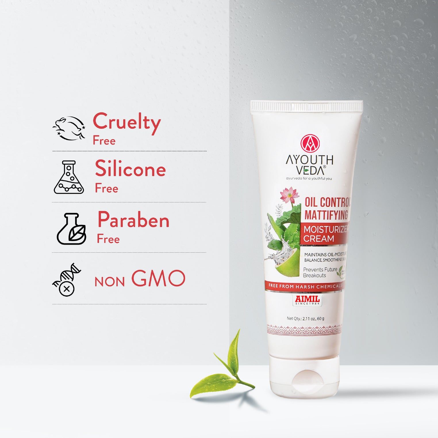 Ayouthveda Oil Control Mattifying Moisturizer Cream | Lightweight Non-Greasy Moisturizer with Green Tea, Aloe Vera & Coconut Water | Controls Excess Oil, Helps Prevent Acne & Gives Long-Lasting Matte Finish | Net Qty - 60g