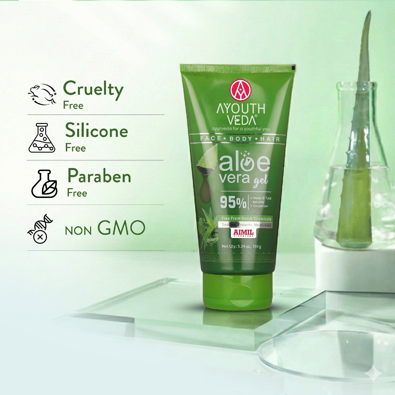 Ayouthveda Aloe Vera Gel | Multi-Purpose Gel For Face, Body & Hair | Calms Sunburn & Promotes Even Skin Tone | Non-Greasy Hydrating formula With Neem, Tulsi & Cucumber Extracts | Net. qty - 150g