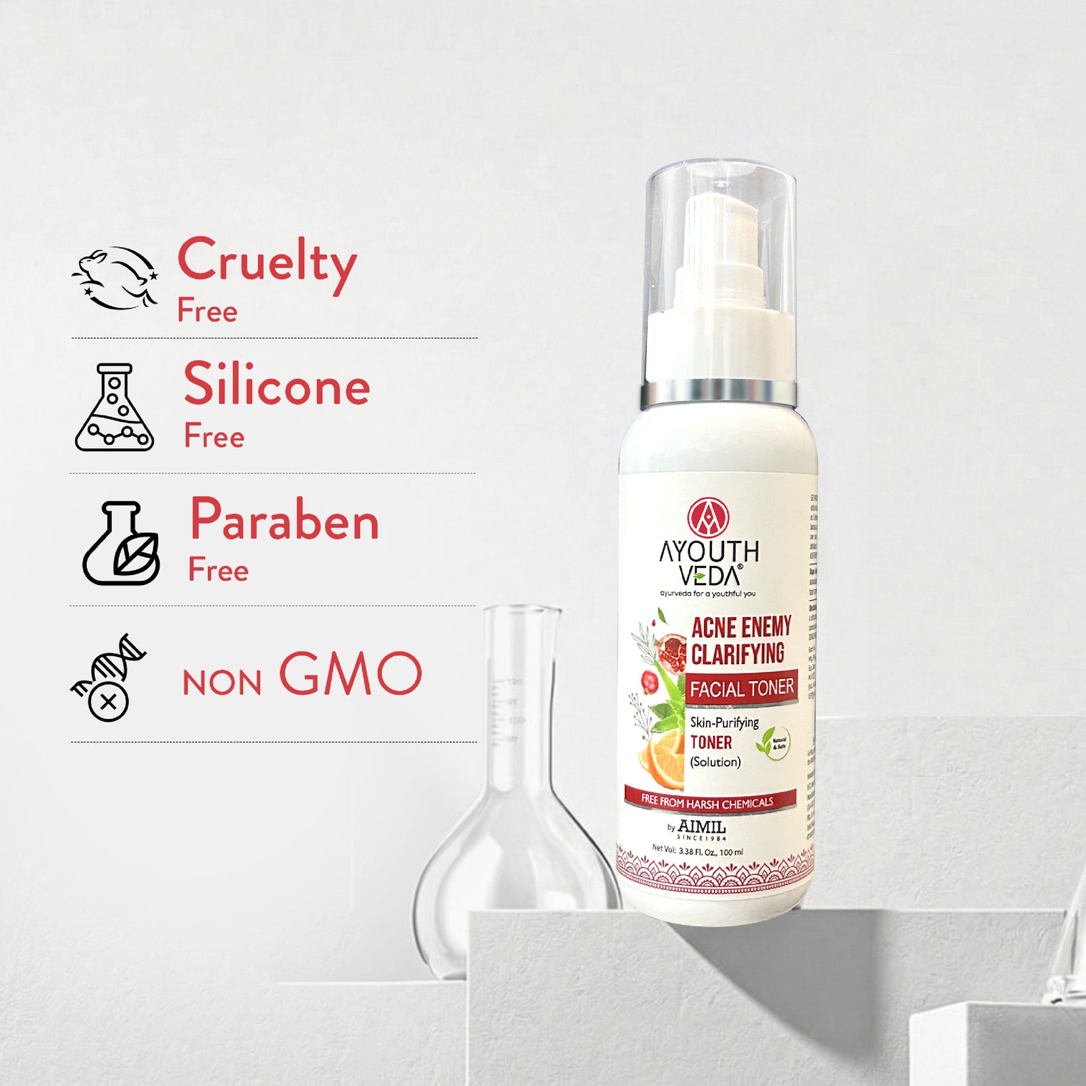 Ayouthveda Acne Enemy Clarifying Facial Toner with Pomegranate, Amla, Aloe Vera & Rose Distillate for Acne & Oil Control | Dermatologically Tested |Suitable for Oily & Acne-Prone Skin | Net Qty – 100 ml