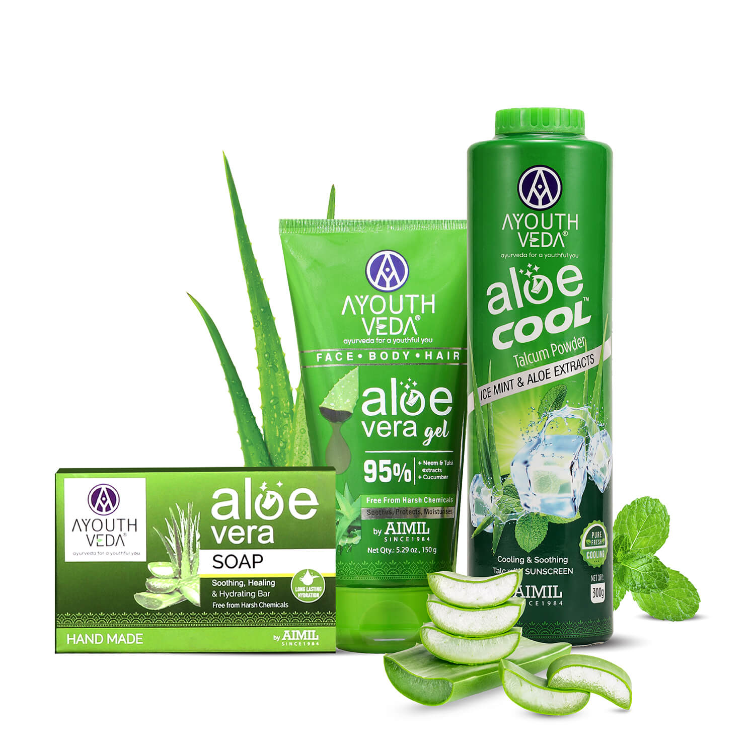 Aloevera Range | Aloe vera gel 150g +Aloe vera soap 100g | Talc 300g - Ayouthveda