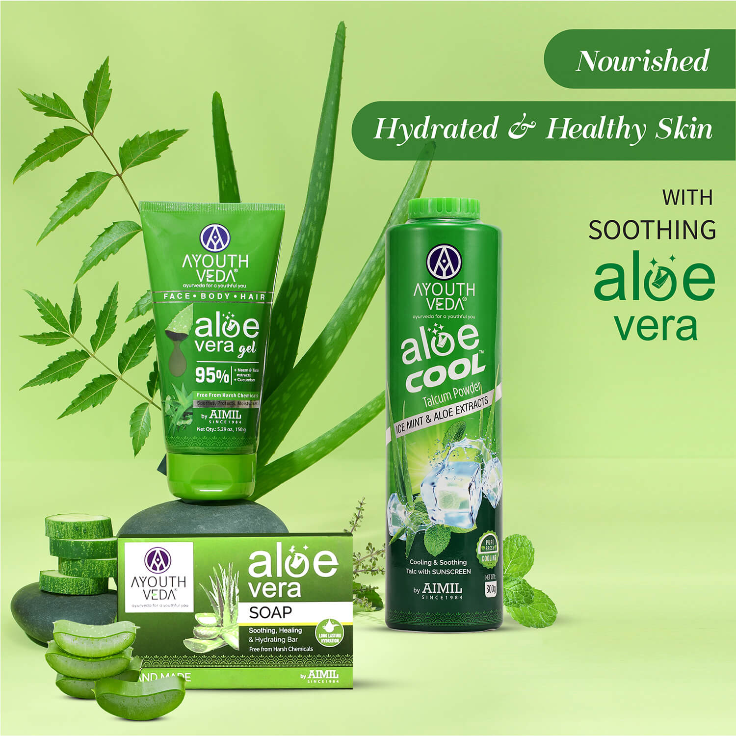 Aloevera Range | Aloe vera gel 150g +Aloe vera soap 100g | Talc 300g - Ayouthveda