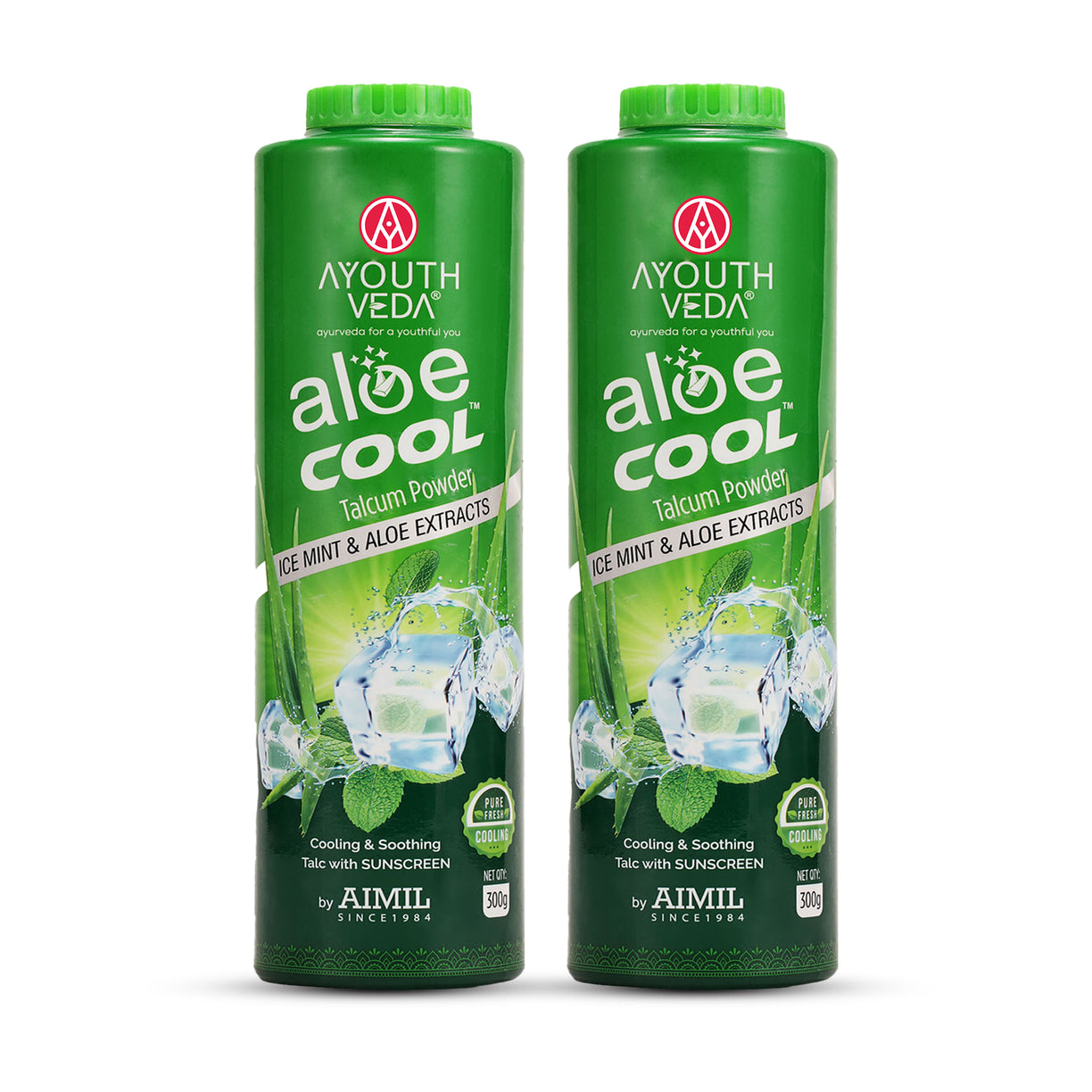 Aloe Cool Talcum Powder with Ice Mint, Camphor & Aloe Extracts for Cooling, Sweat Absorption & Skin Comfort | Helps Soothe Heat, Itching & Irritation | Lightweight, Refreshing & Non-Sticky Formula | 300 g + 300 g Free with Mint and Aloe Extracts