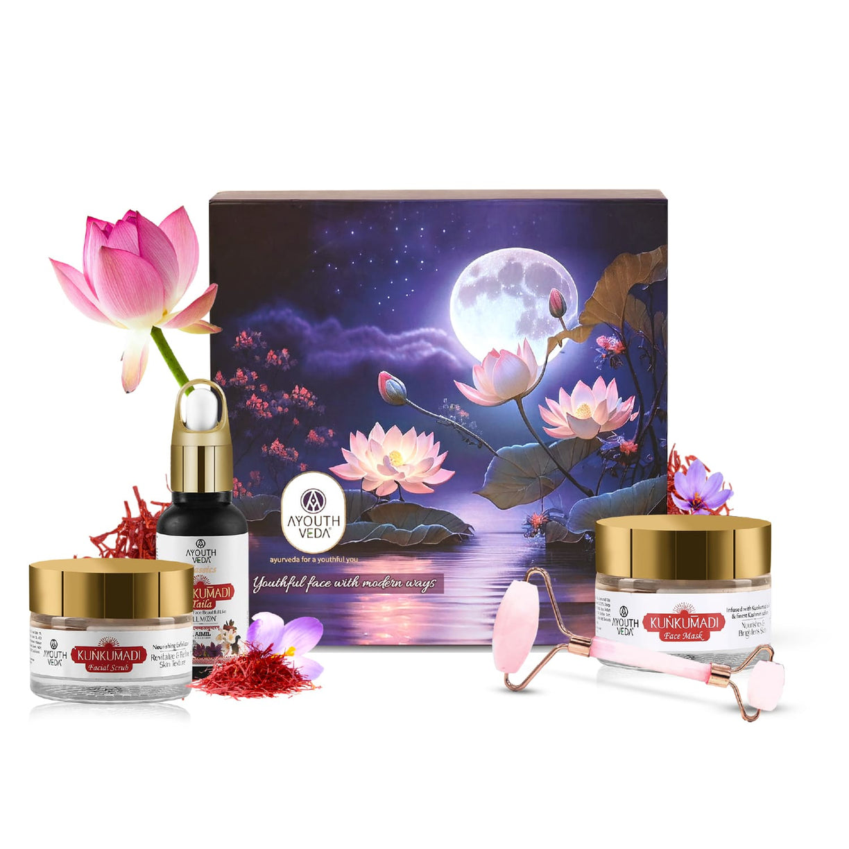 Kunkumadi Glowing Skincare Routine with Jade Roller - Ayouthveda