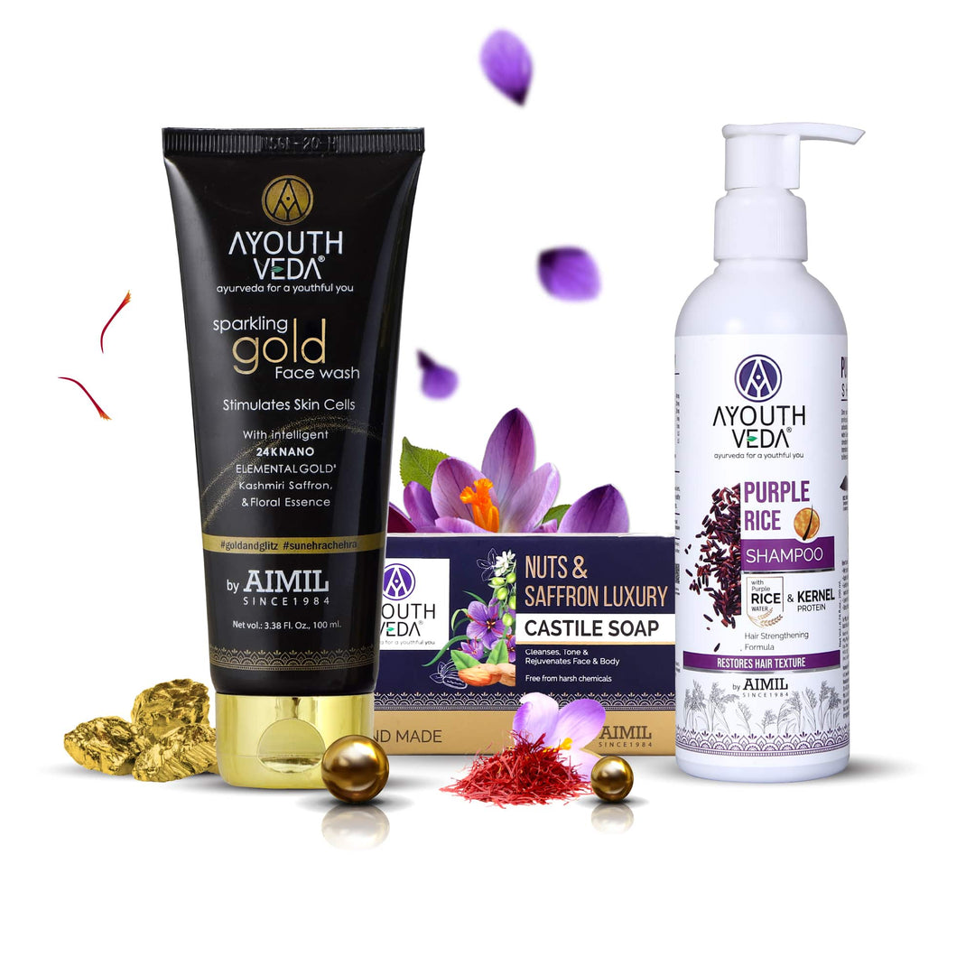 Glowing Skin & Hair Combo: Sparkling Gold Face Wash (100 ml), Nuts & Saffron Luxury Handmade Castile Soap (100 g), Purple Rice Shampoo (200 ml) - Ayouthveda