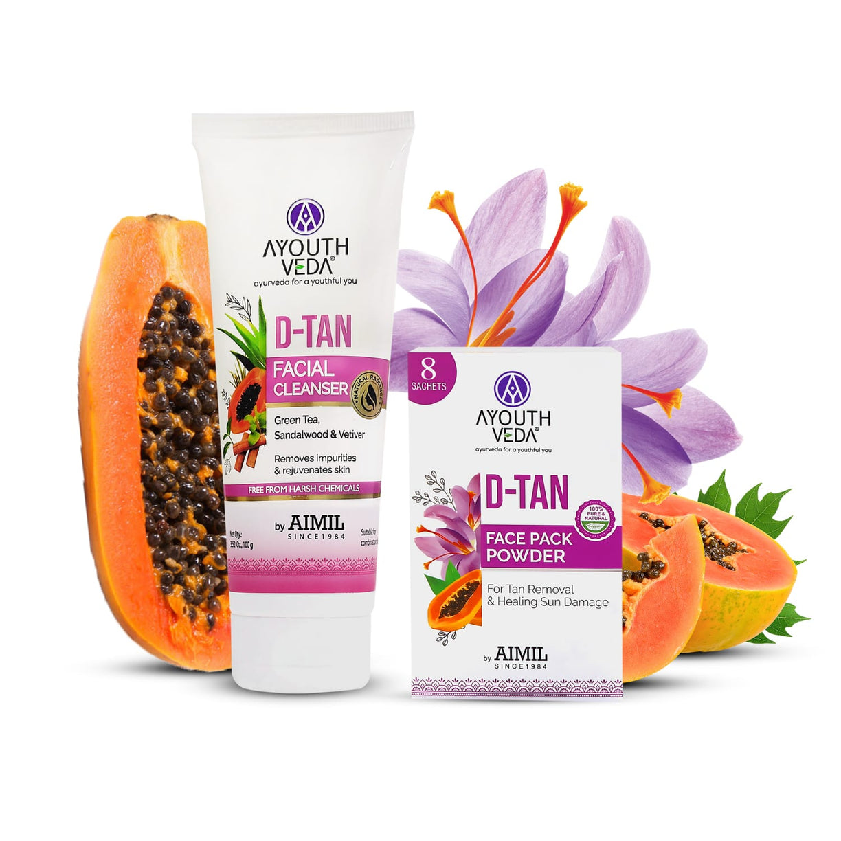 Radiant Skin Combo: D-Tan Facial Cleanser (100 g) D-Tan Face Pack Powder (10g×8) - Ayouthveda