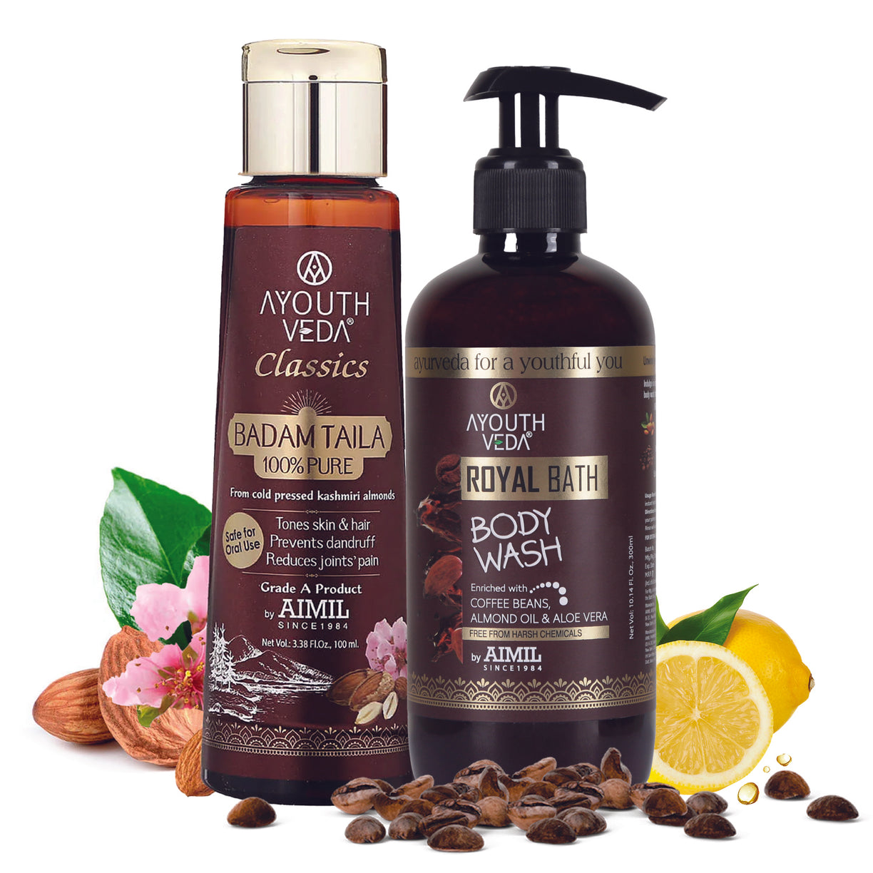 Vitamin-E Nourishing Combo: Badam Taila (100 ml), Royal Bath Body Wash (300 ml) - Ayouthveda