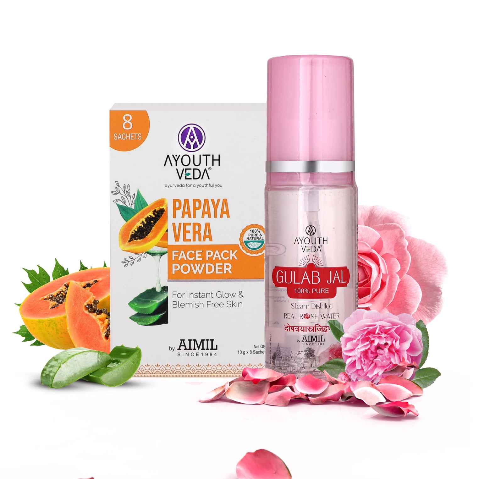 Flawless Skin Combo: Papaya Vera Face Pack Powder (10g × 8), Gulab Jal (100 ml) - Ayouthveda