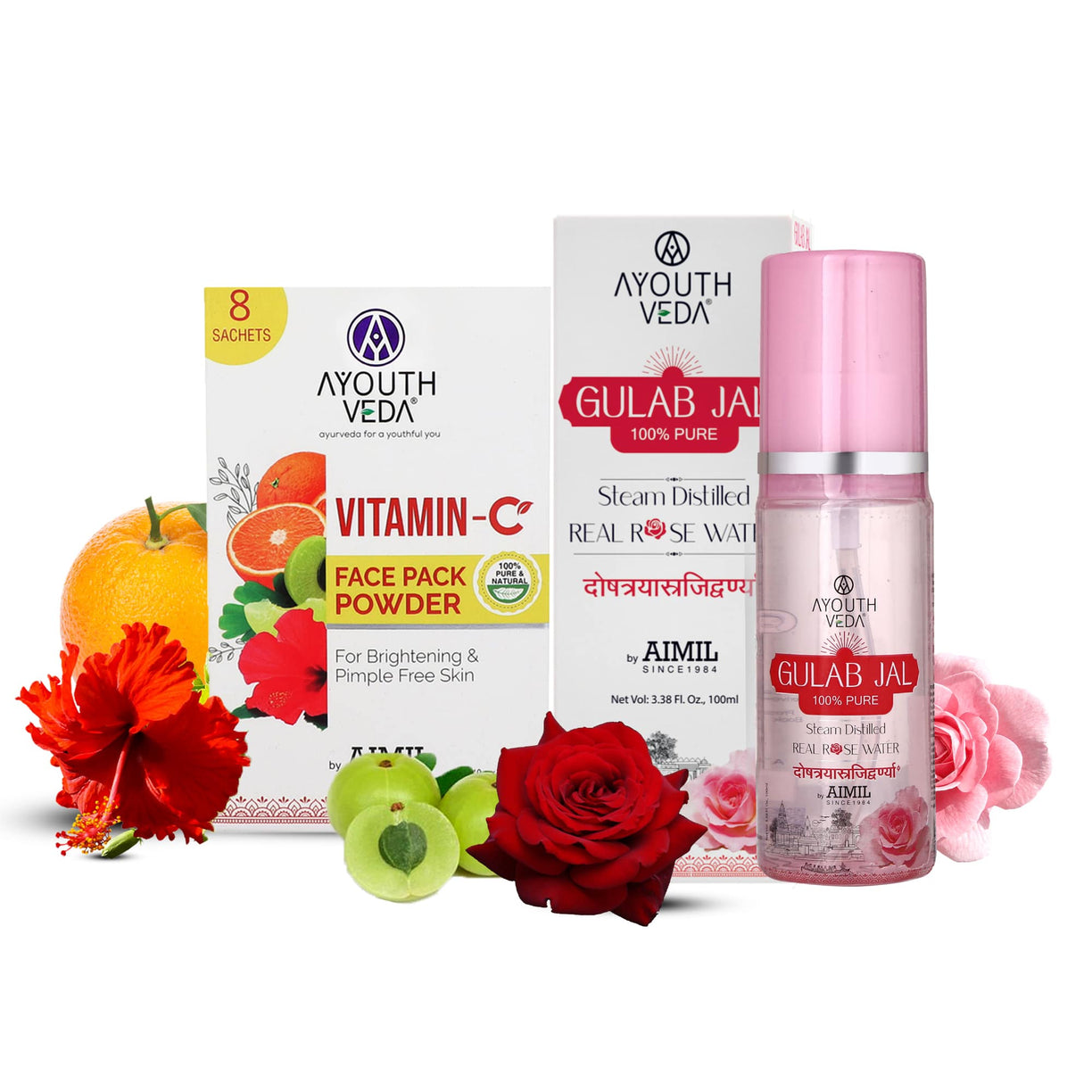 Luminous Skin Combo: Vitamin-C Face Pack Powder (10g × 8), Gulab Jal (100 ml) - Ayouthveda