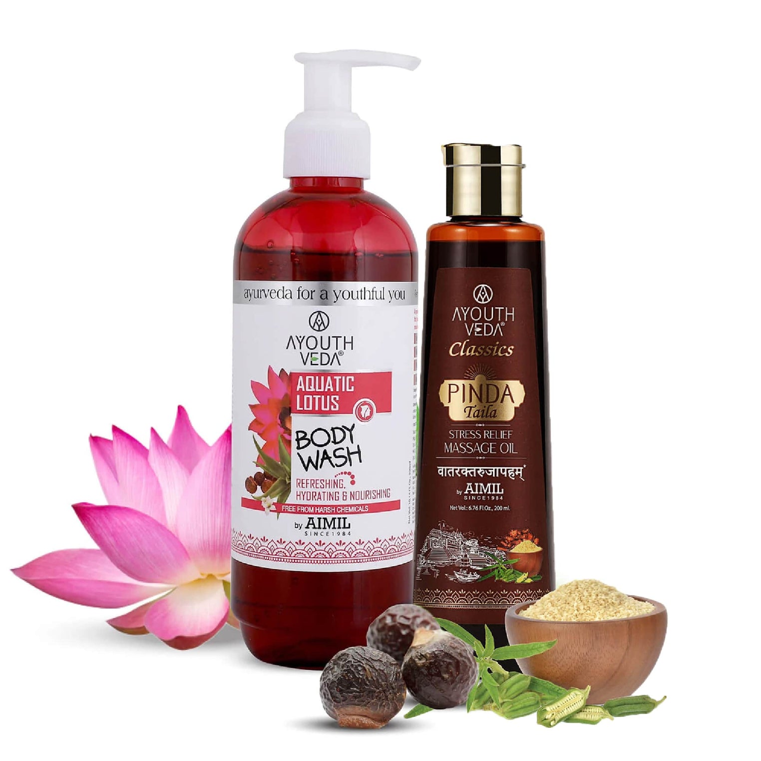 Deep Tissue Relaxation Combo: Pinda Taila (200 ml), Aquatic Lotus Body Wash (300 ml) - Ayouthveda