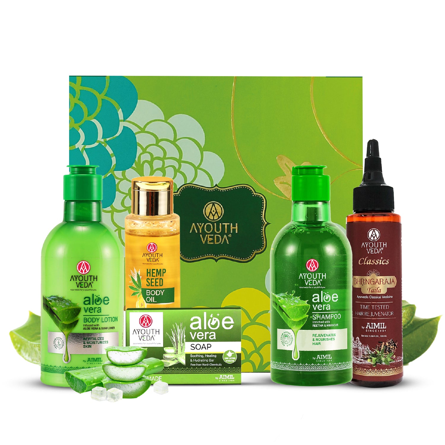 Skin Love Gift Set: Aloe Vera Body Lotion (250 ml), Aloe Vera Shampoo (250 ml), Aloe Vera Bathing Soap (100 g), Hemp Seed Body Oil (100 ml), Bhrangaraja Taila (100 ml)