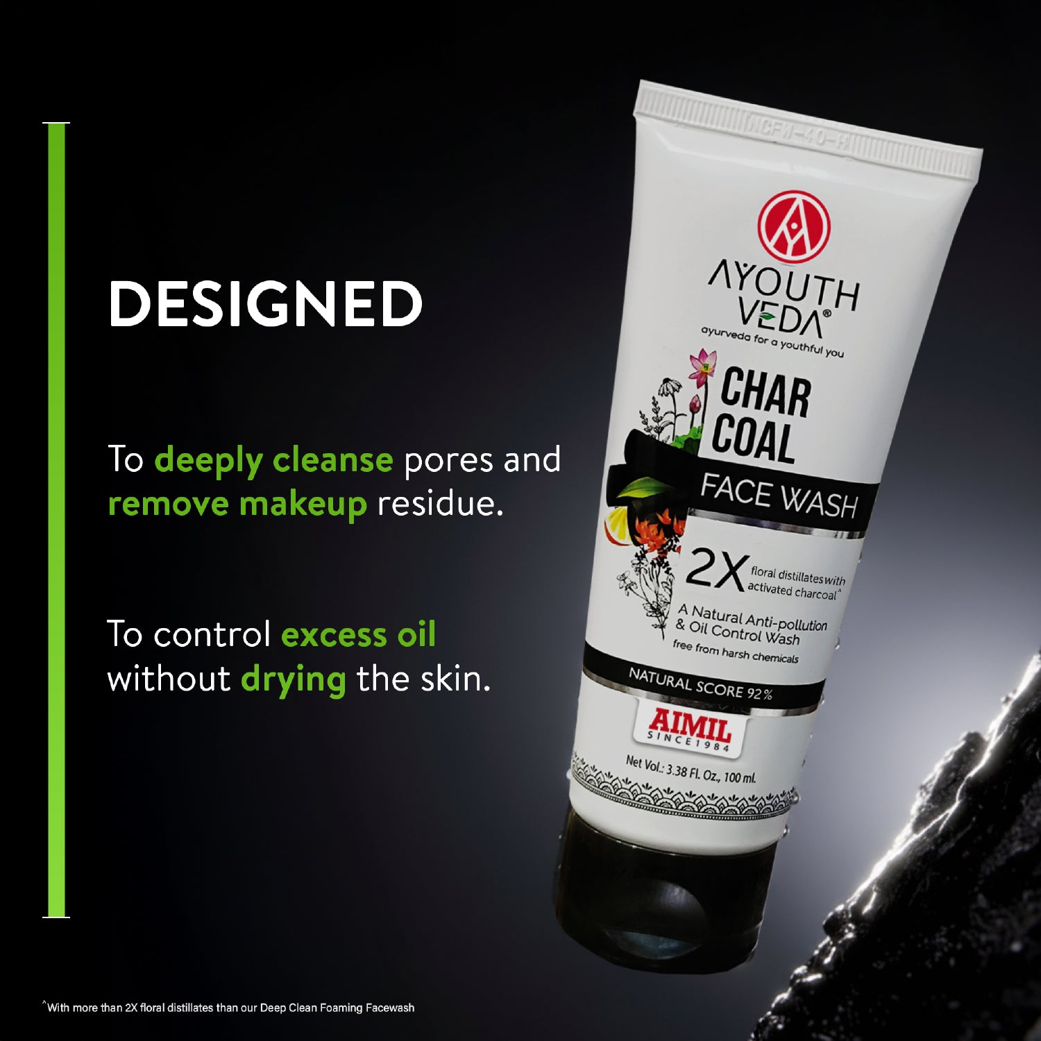Ayouthveda Charcoal Face Wash with Activated Bamboo Charcoal & Floral Distillates | Anti-Pollution, Oil-Controlling Cleanser | Deep Detoxifying & Brightening Formula | Non-Drying & Dermatologically Safe | Suitable for All Skin Types | Net Qty – 100 ml