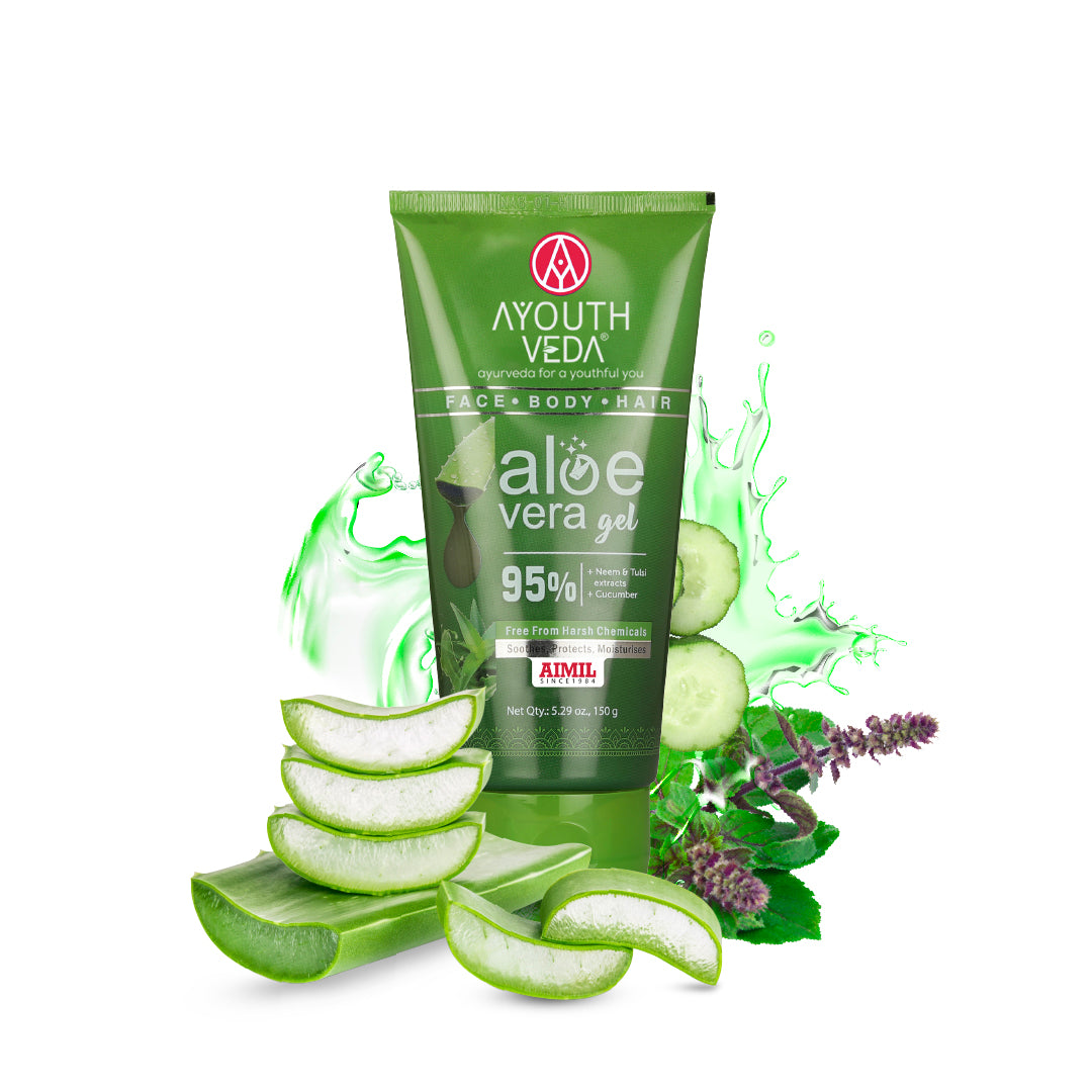 Ayouthveda Aloe Vera Gel | Multi-Purpose Gel For Face, Body & Hair | Calms Sunburn & Promotes Even Skin Tone | Non-Greasy Hydrating formula With Neem, Tulsi & Cucumber Extracts | Net. qty - 150g