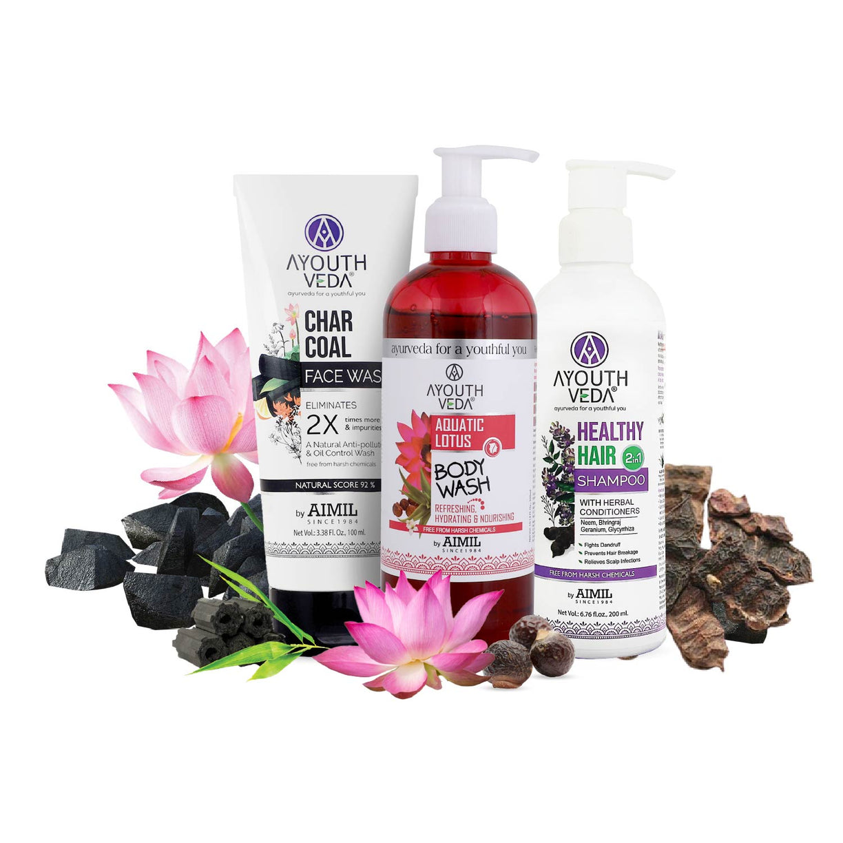 Bestseller Face, Body, Hair Combo: Charcoal Face Wash (100 ml), Aquatic Lotus Body Wash (300 ml), Healthy Hair Shampoo (200 ml) - Ayouthveda