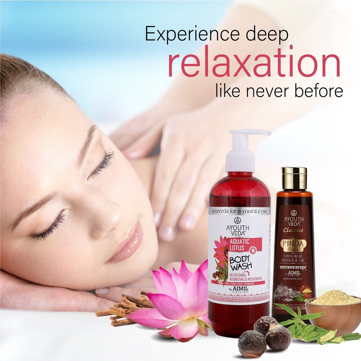 Deep Tissue Relaxation Combo: Pinda Taila (200 ml), Aquatic Lotus Body Wash (300 ml) - Ayouthveda