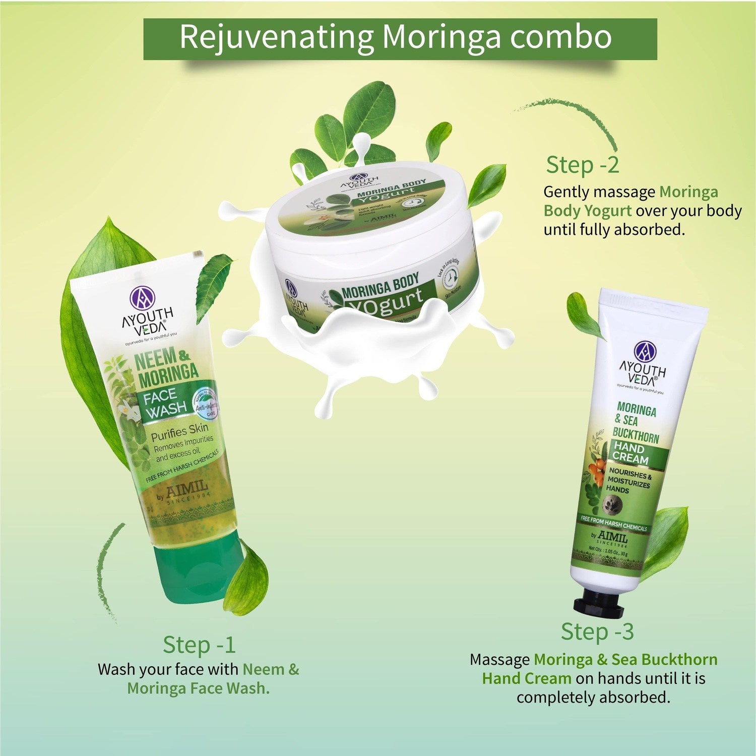 Rejuvenating Moringa Combo: Neem & Moringa Face Wash (50g), Moringa Body Yogurt (200 g), Moringa & Sea Buckthorn Hand Cream (30g) - Ayouthveda