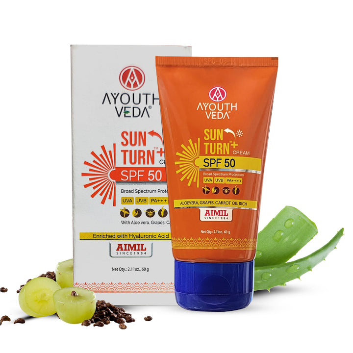 Ayouthveda Sun Turn+ Cream SPF 50 with Hyaluronic Acid for Broad Spectrum UV Protection Net qty.- 60 g