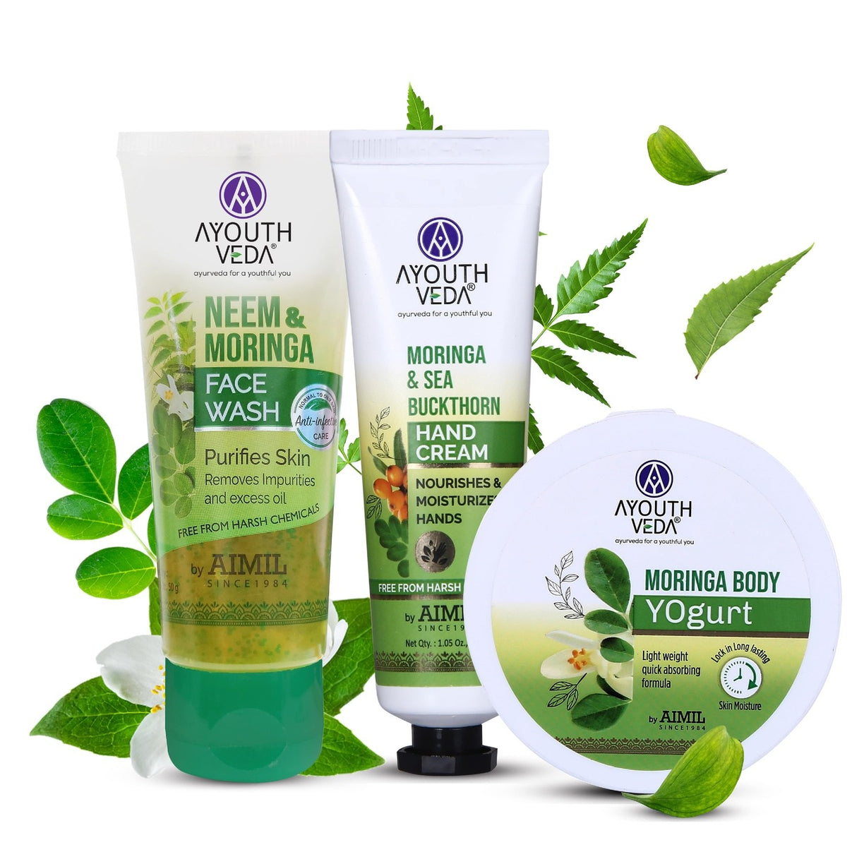 Rejuvenating Moringa Combo: Neem & Moringa Face Wash (50g), Moringa Body Yogurt (200 g), Moringa & Sea Buckthorn Hand Cream (30g) - Ayouthveda