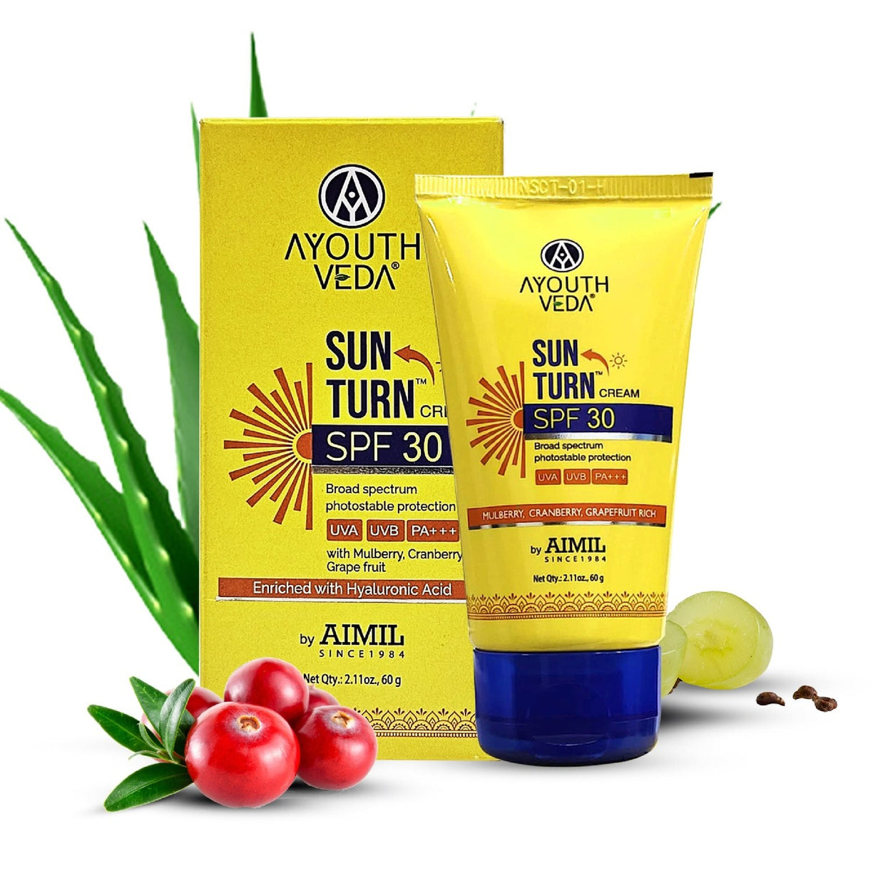 Ayouthveda Sun Turn Cream SPF 30 with Hyaluronic Acid for Broad Spectrum Photostable Protection Net qty.- 60 g