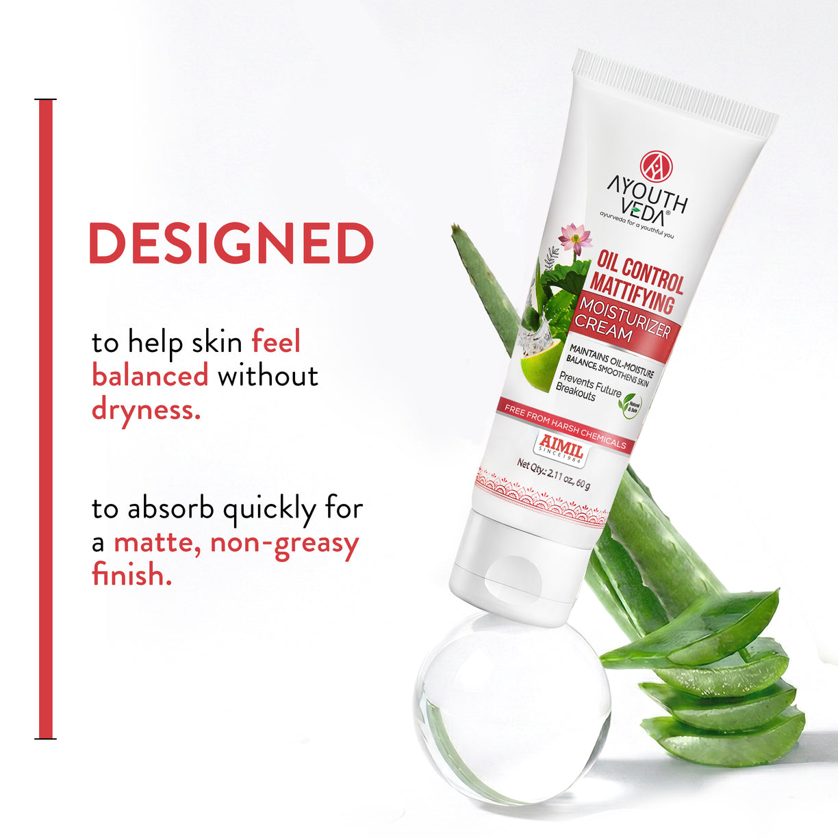 Ayouthveda Oil Control Mattifying Moisturizer Cream | Lightweight Non-Greasy Moisturizer with Green Tea, Aloe Vera & Coconut Water | Controls Excess Oil, Helps Prevent Acne & Gives Long-Lasting Matte Finish | Net Qty - 60g