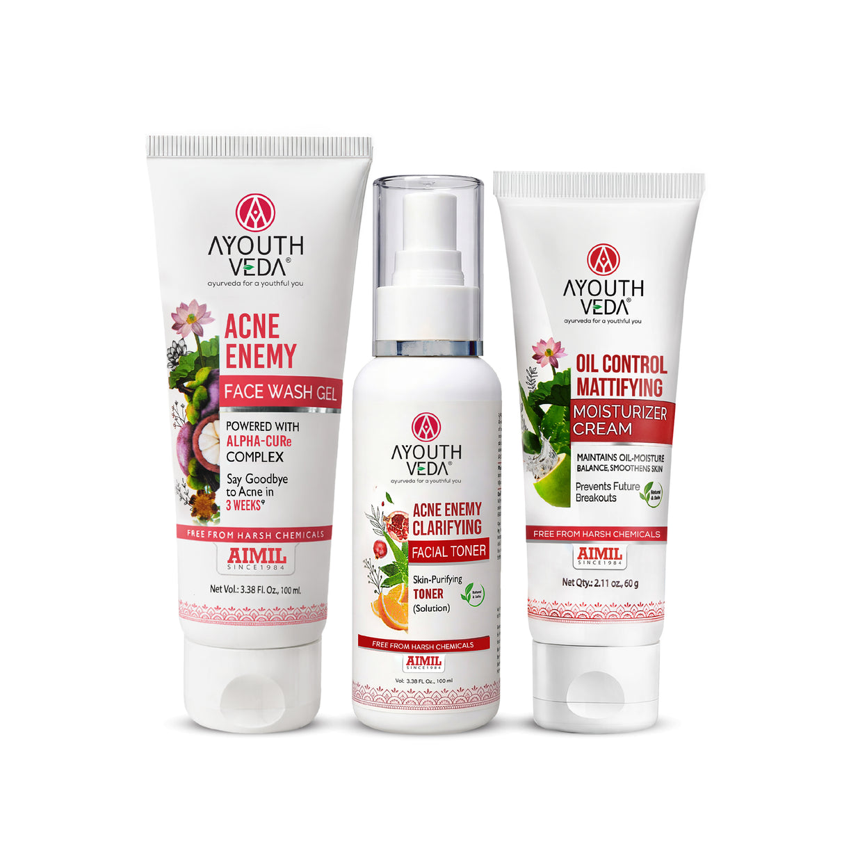Ayouthveda Anti-Acne CTM Regime | Acne Enemy Face Wash 100 ml + Acne Enemy Clarifying Toner 100 ml + Oil Control Matiffying Moisturizer 60 g | 3-Step Clear Skin Routine for Oily & Acne-Prone Skin
