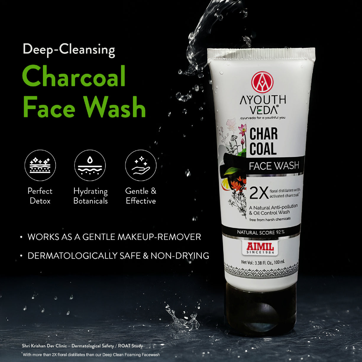 Ayouthveda Charcoal Face Wash with Activated Bamboo Charcoal & Floral Distillates | Anti-Pollution, Oil-Controlling Cleanser | Deep Detoxifying & Brightening Formula | Non-Drying & Dermatologically Safe | Suitable for All Skin Types | Net Qty – 100 ml