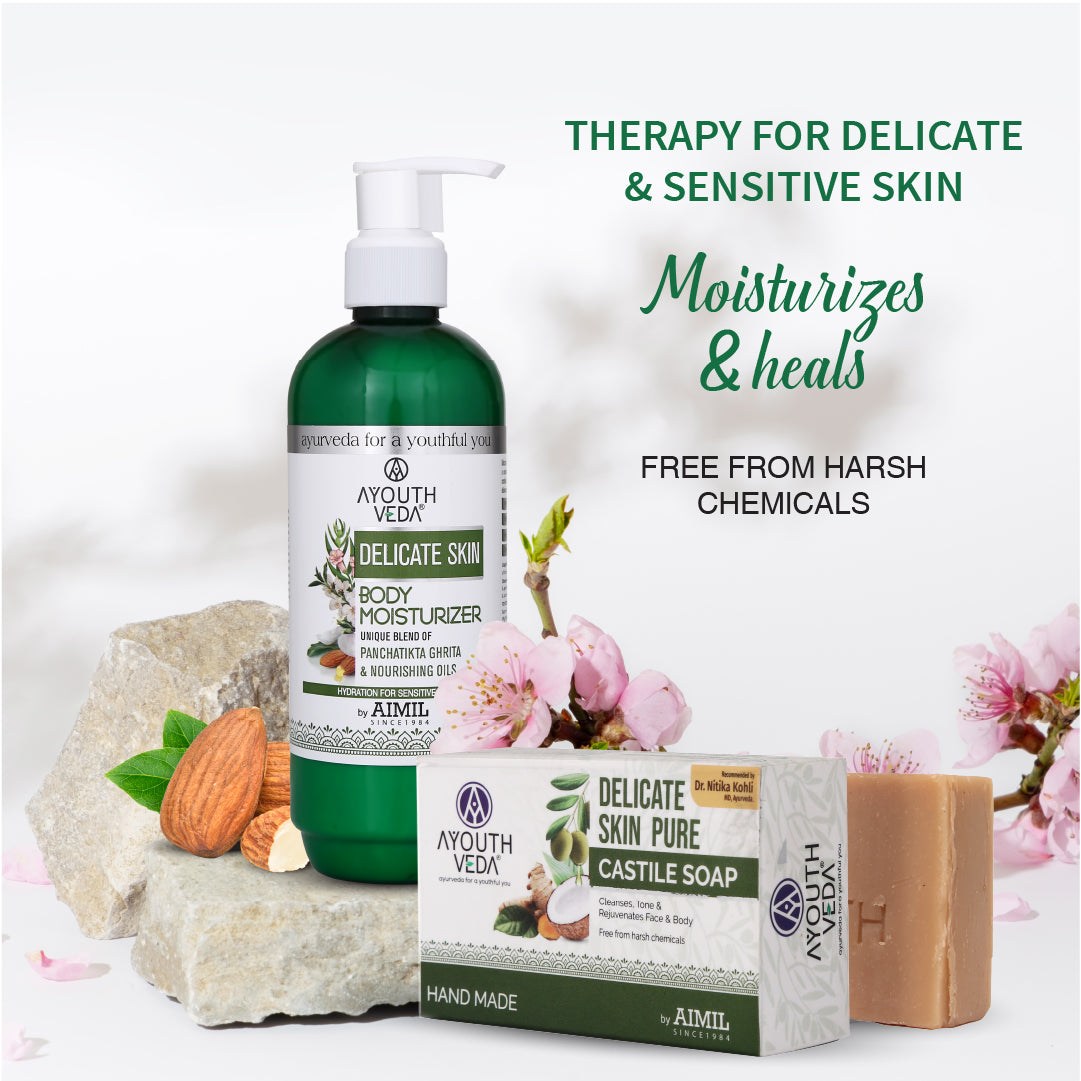 Delicate Skin Care Combo | Delicate Skin Pure Castile Soap (110g) & Delicate Skin Body Moisturizer (300 ml) - Ayouthveda