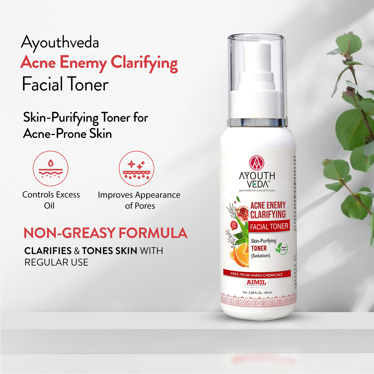Ayouthveda Acne Enemy Clarifying Facial Toner with Pomegranate, Amla, Aloe Vera & Rose Distillate for Acne & Oil Control | Dermatologically Tested |Suitable for Oily & Acne-Prone Skin | Net Qty – 100 ml