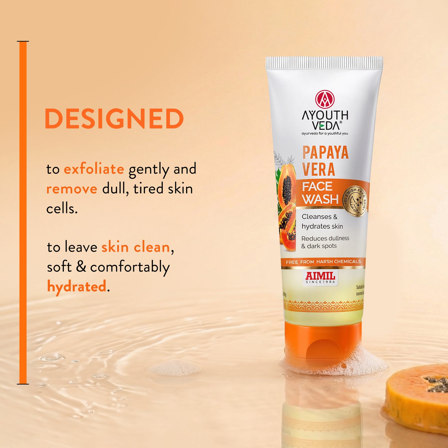 Ayouthveda Papaya Vera Face Wash with Real Papaya Extract | Deep Cleanser for Dry to Normal Skin | Removes Dullness, Dark Spots, & Impurities | Sulfate-Free Gentle Formula | (100 g)